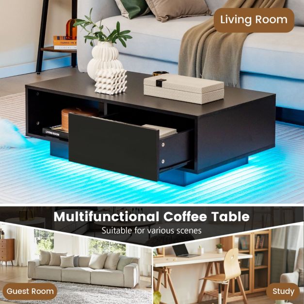 Coast Table basse LED High Gloss - Avec télécommande, tiroir et compartiment ouvert - 95 x 55 x 31 cm - MDF/Bois composite - Noir