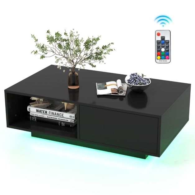 Coast Table basse LED High Gloss - Avec télécommande, tiroir et compartiment ouvert - 95 x 55 x 31 cm - MDF/Bois composite - Noir