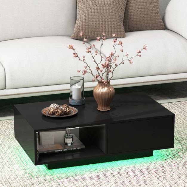 Coast Table basse LED High Gloss - Avec télécommande, tiroir et compartiment ouvert - 95 x 55 x 31 cm - MDF/Bois composite - Noir
