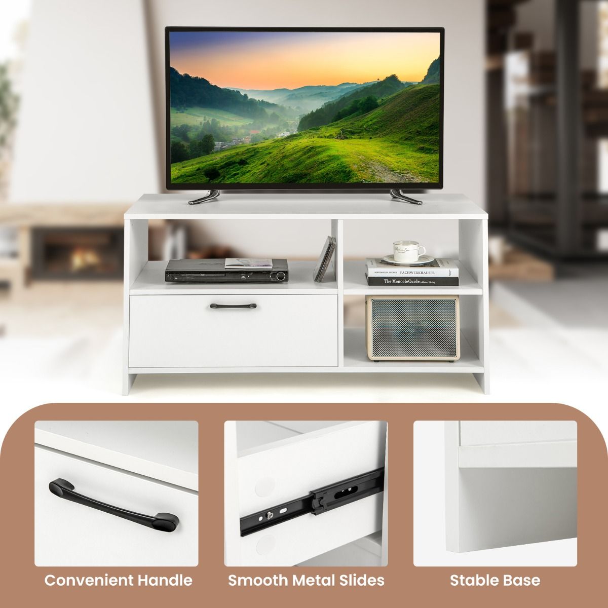 Coast TV Cabinet Lowboard 104.5 x 51.5 x 52 cm White with Drawer and Open Compartments for Televisions up to 50 Inch