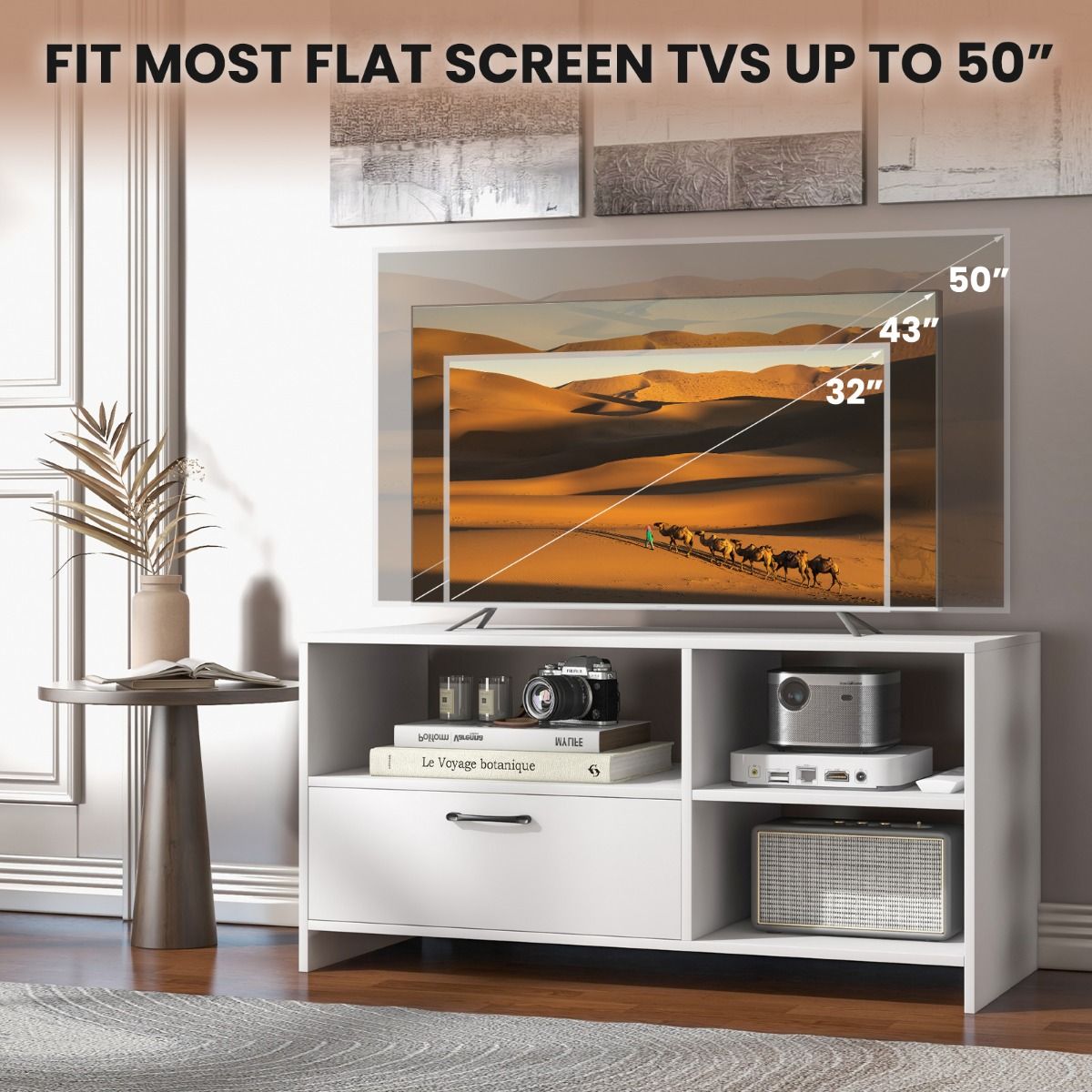 Coast TV Cabinet Lowboard 104.5 x 51.5 x 52 cm White with Drawer and Open Compartments for Televisions up to 50 Inch