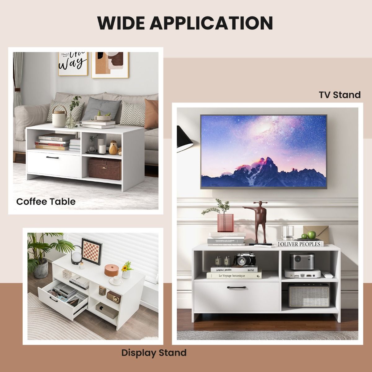 Coast TV Cabinet Lowboard 104.5 x 51.5 x 52 cm White with Drawer and Open Compartments for Televisions up to 50 Inch