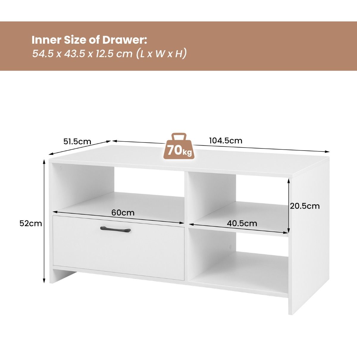 Coast TV Cabinet Lowboard 104.5 x 51.5 x 52 cm White with Drawer and Open Compartments for Televisions up to 50 Inch