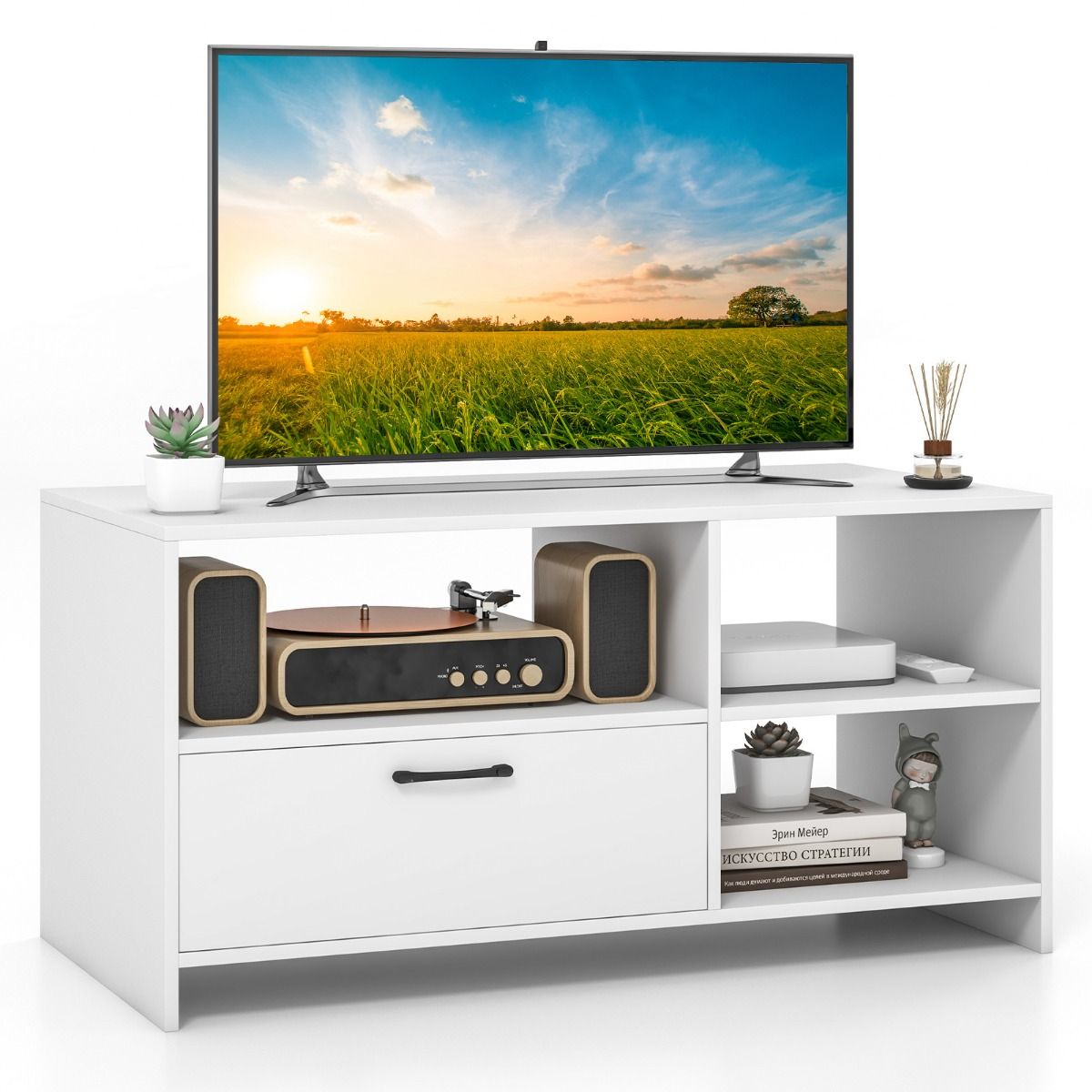 Coast TV Cabinet Lowboard 104.5 x 51.5 x 52 cm White with Drawer and Open Compartments for Televisions up to 50 Inch