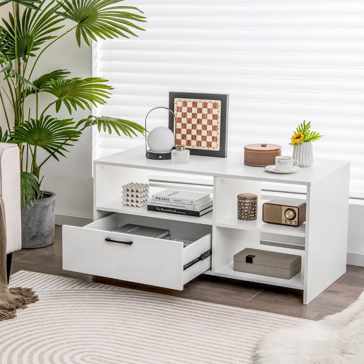 Coast TV Cabinet Lowboard 104.5 x 51.5 x 52 cm White with Drawer and Open Compartments for Televisions up to 50 Inch