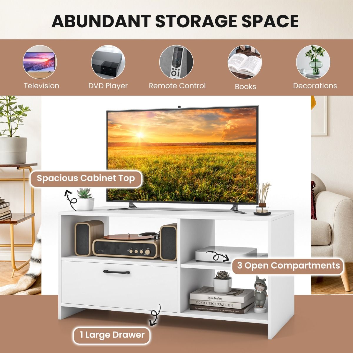 Coast TV Cabinet Lowboard 104.5 x 51.5 x 52 cm White with Drawer and Open Compartments for Televisions up to 50 Inch