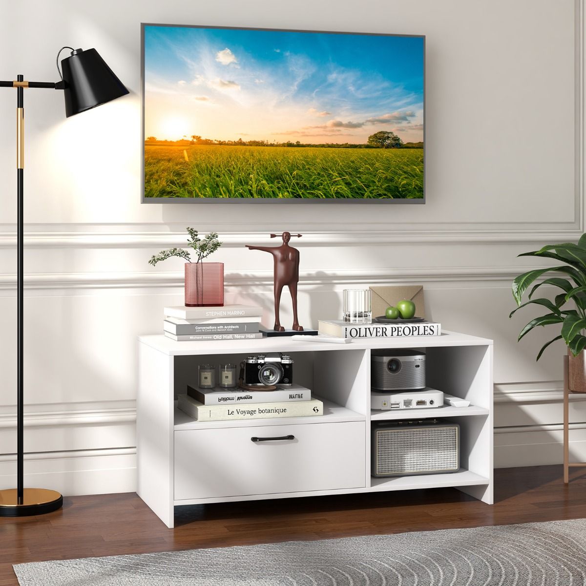Coast TV Cabinet Lowboard 104.5 x 51.5 x 52 cm White with Drawer and Open Compartments for Televisions up to 50 Inch