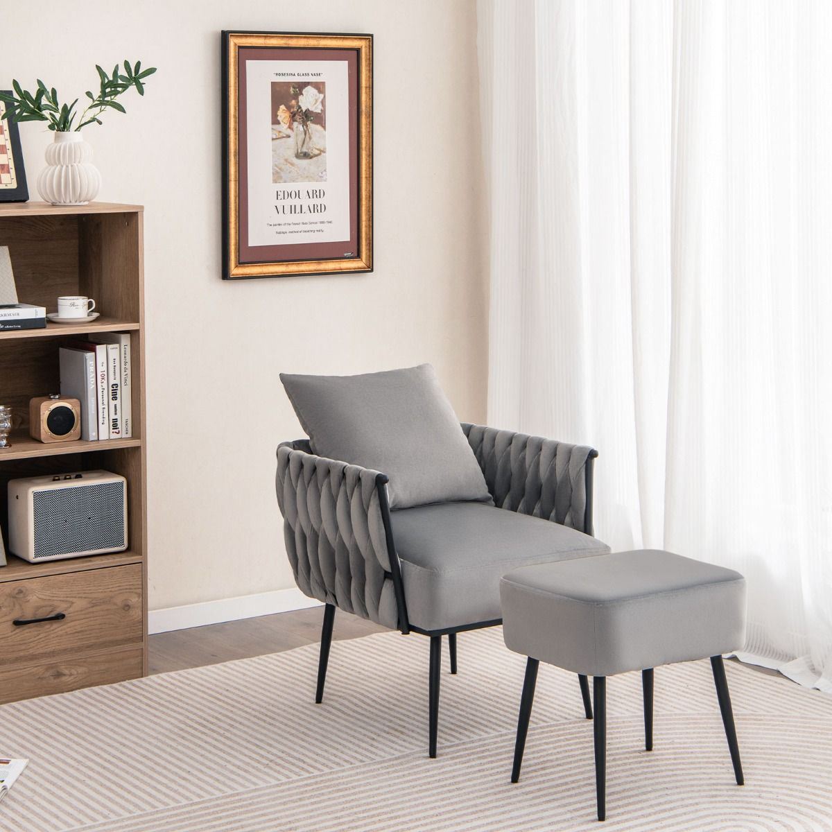 coast Modern Dutch Velvet Side Chair and Footstool Set - Grey - 66x65x80 cm | 46x35x45,5 cm
