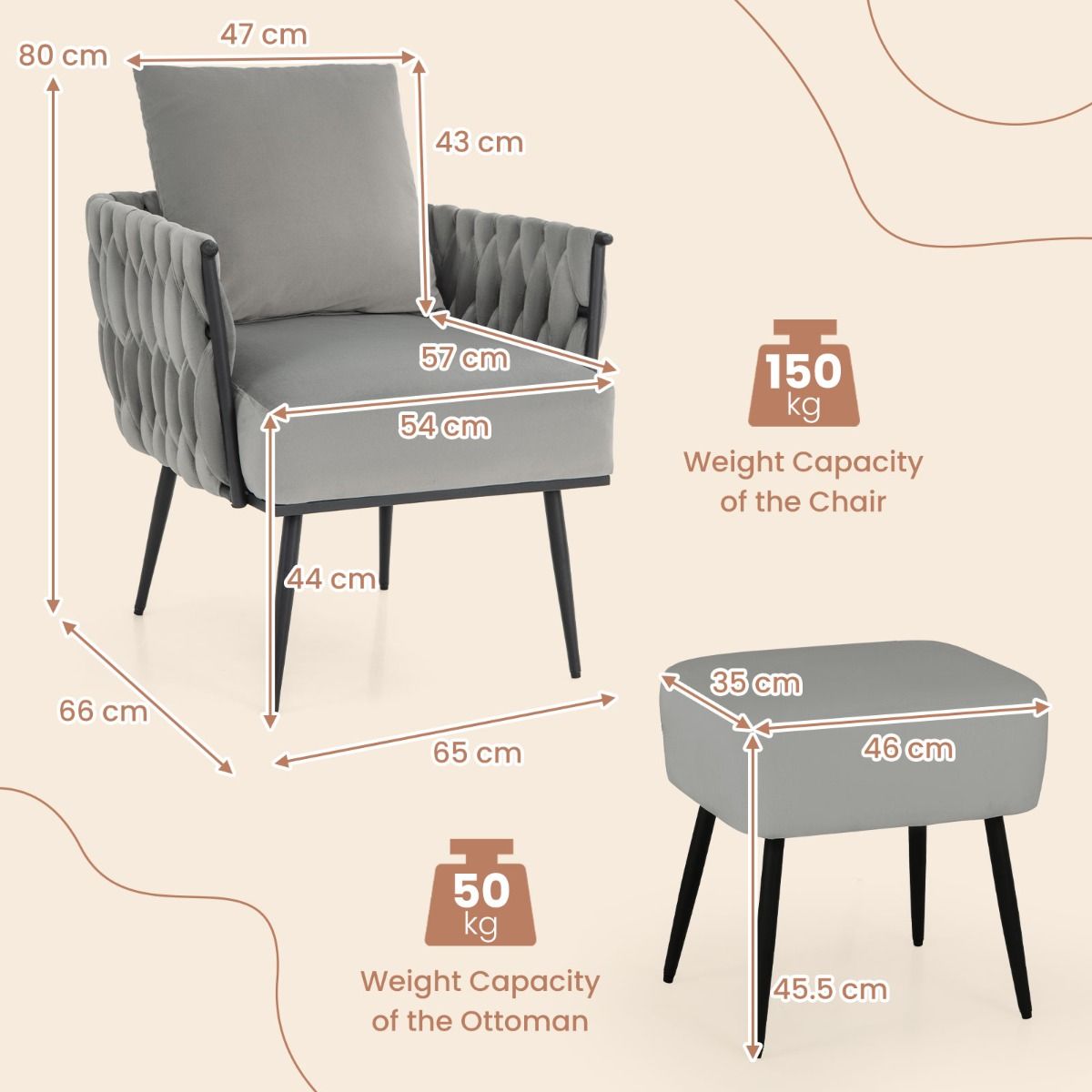 coast Modern Dutch Velvet Side Chair and Footstool Set - Grey - 66x65x80 cm | 46x35x45,5 cm