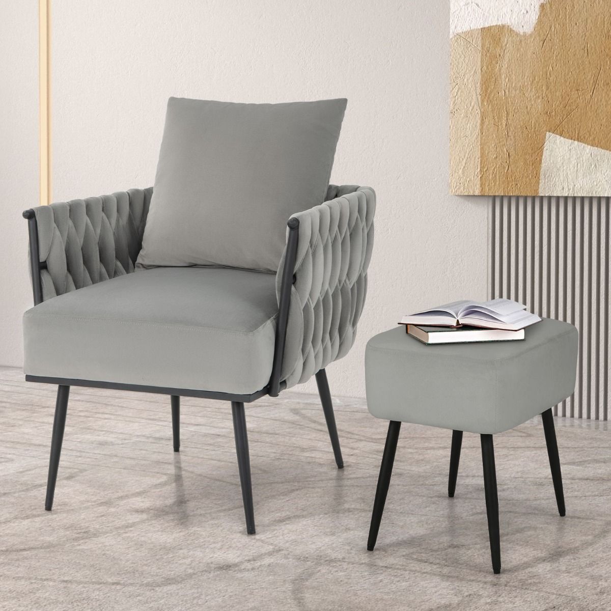 coast Modern Dutch Velvet Side Chair and Footstool Set - Grey - 66x65x80 cm | 46x35x45,5 cm