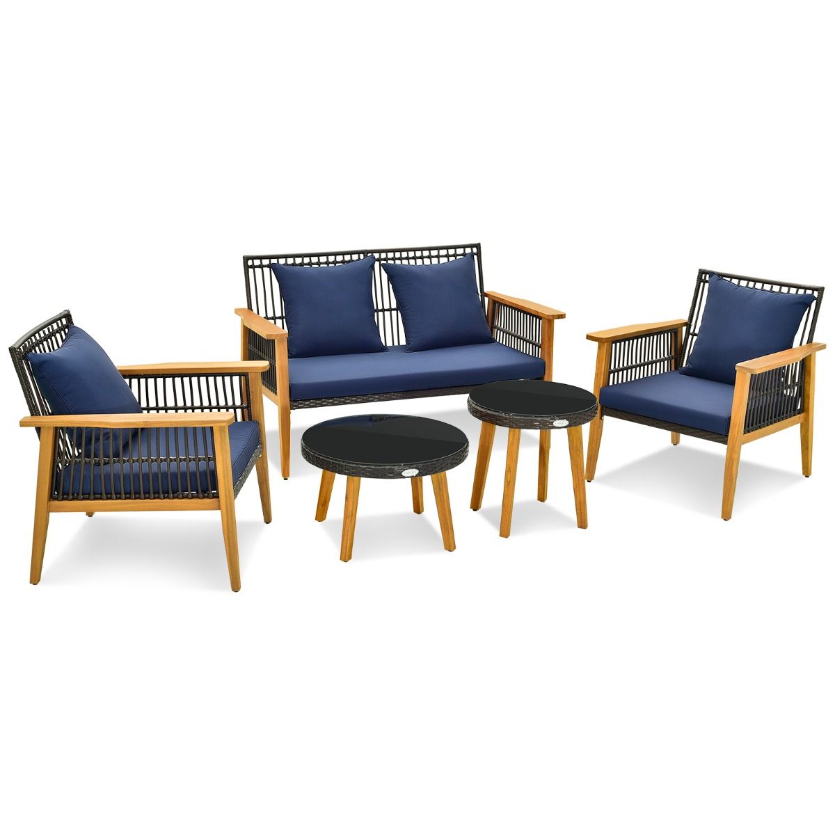 Coast 5-Piece Rattan Outdoor Furniture Set Brown with Navy Blue Cushions - 2 Chairs, Loveseat and 2 Coffee Tables (Chair 75x76x80 cm, Loveseat 132x76x80 cm, Table Ø48 cm & 60x38 cm)
