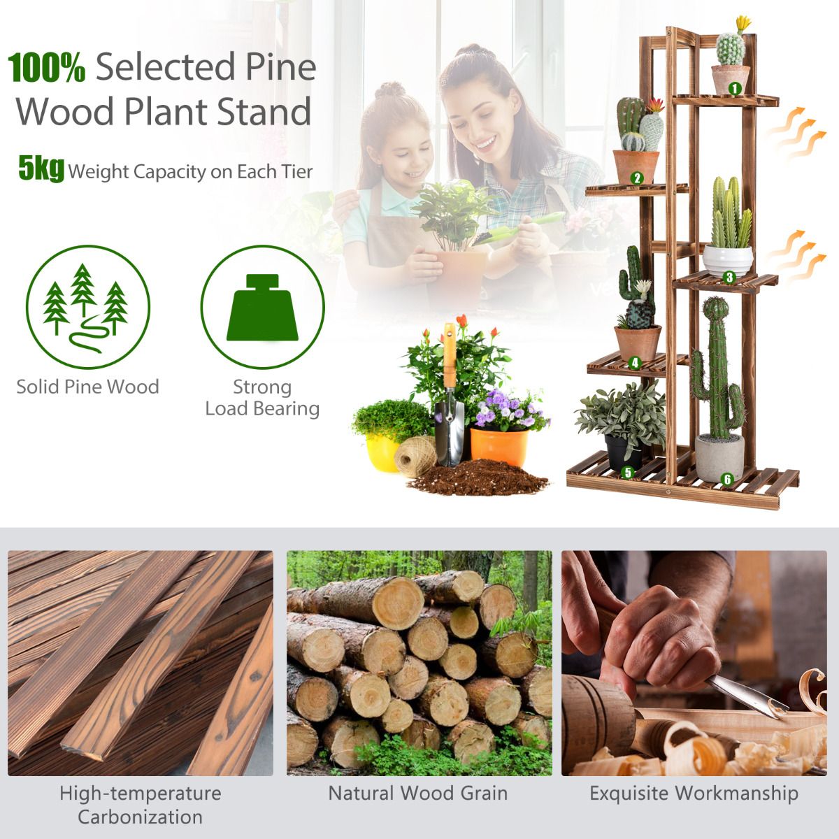 Coast 5-Layer Flower Rack Brown 50 x 21 x 103 cm - Porte-plantes en pin autoportant pour l'intérieur et l'extérieur