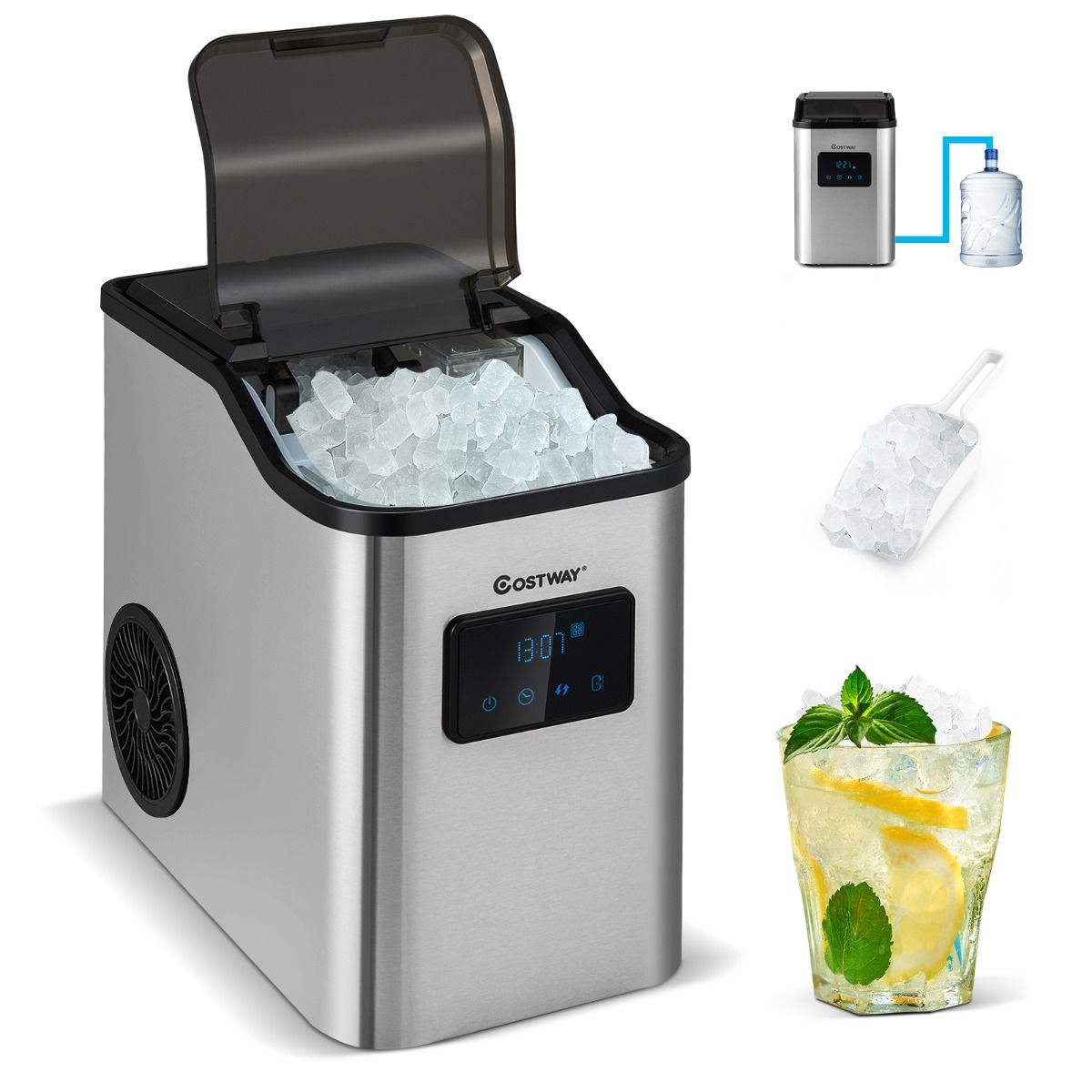 Machine à glaçons Coast Nugget - glace pilée - 24 kg/jour - Réservoir d'eau 2.5L - 38.5 x 24 x 38 cm - Argent