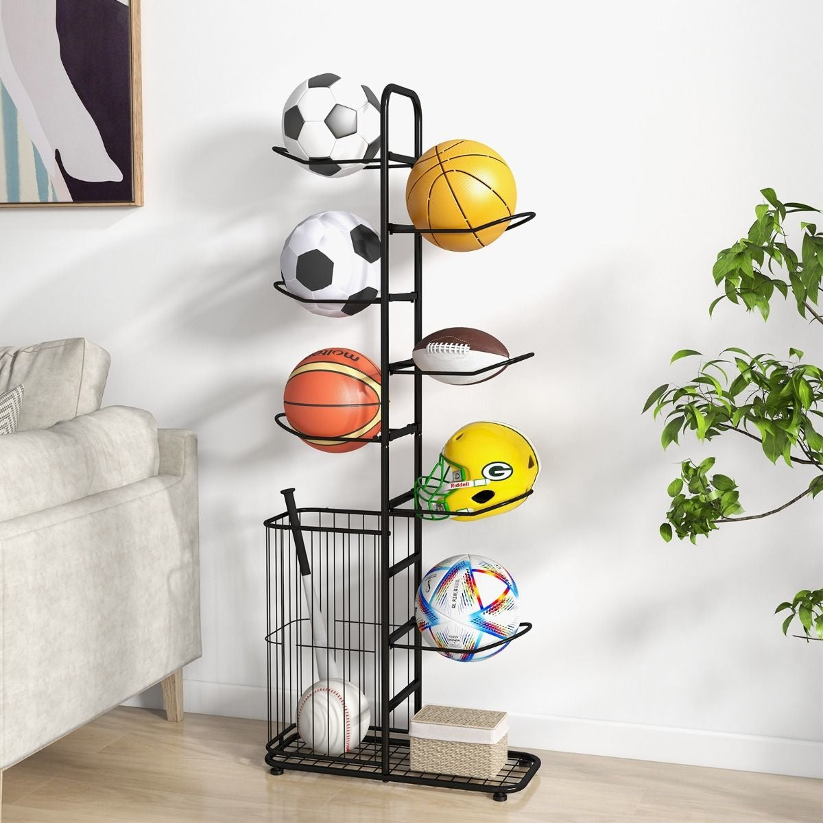 Coast Ball Storage Rack - 7 couches - avec panier latéral - métal - 59 x 24 x 147 cm - noir