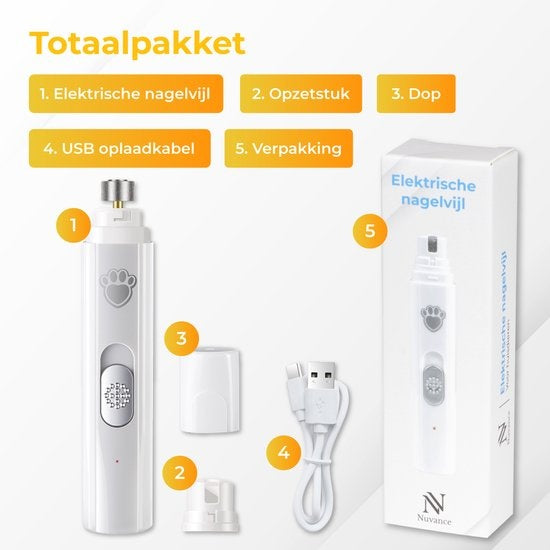 Nuvance - Lime à ongles électrique - pour chiens, chats et animaux - rechargeable par USB - tête de lime en diamant - sans fil - blanc
