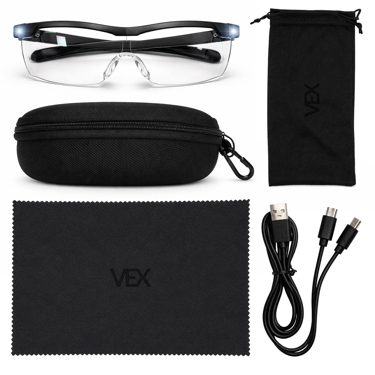 VEX - Lunettes loupe avec lumière LED - Grossissement 160% - Accessoires inclus - Noir