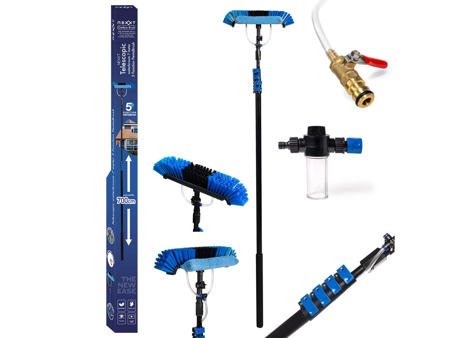 Brosse à eau télescopique Nexxt 5 en 1 - 7 m - Tête réglable 29 x 7 x 10 cm - Tuyau de 9 m inclus