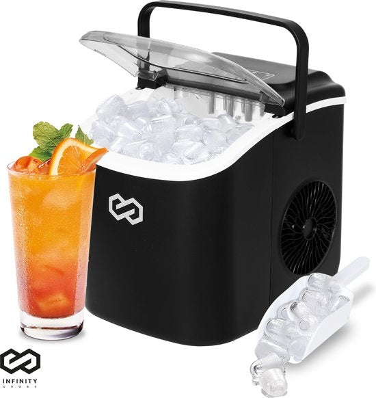 Infinity Goods Machine à glaçons - 1.3L - Avec pelle à glace - Fonction auto-nettoyante - 12KG / 24U - 9 Cubes / 6 Min - Noir