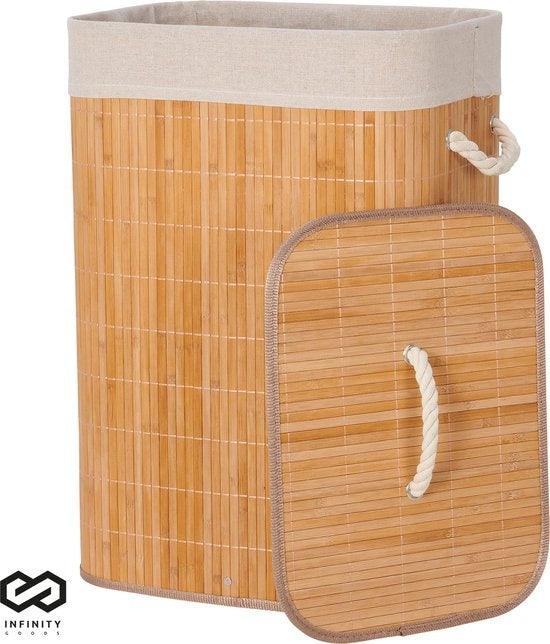 Infinity Goods Panier à linge en bambou avec couvercle - Trieur de linge - Sac à linge en coton lavable - Poignées - 72 litres - Brun naturel