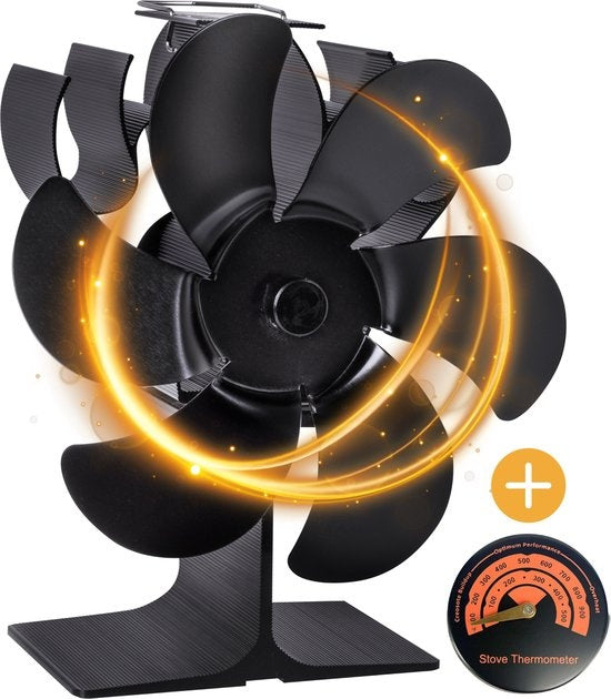 Nuvance - Ventilateur de poêle à bois - Thermomètre inclus - Ventilateur de cheminée - Ecofan de poêle - Ventilateur de chaleur - Noir