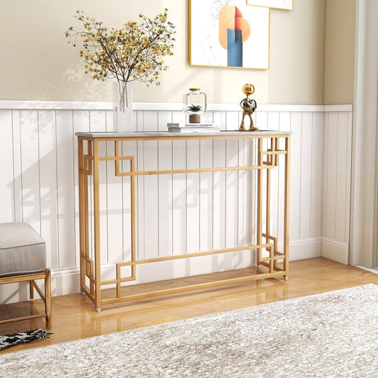 Table d'appoint Coast - Plateau blanc avec imitation de marbre - Cadre doré - 110 x 30 x 81 cm - MDF/Métal
