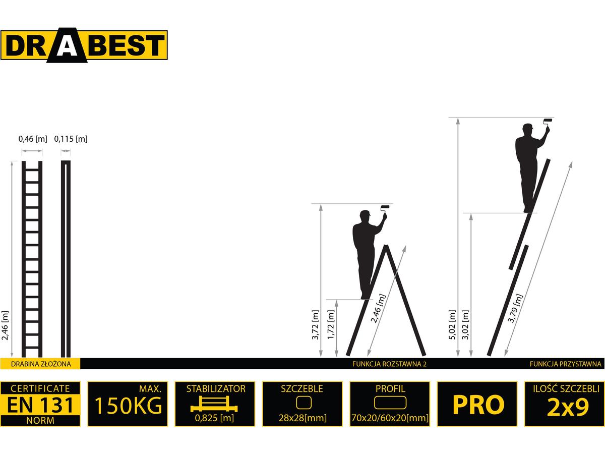 Échelle combinée Drabest - 2x 9 marches - Aluminium - 2.70 m
