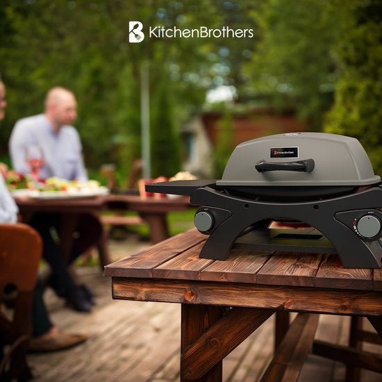 KitchenBrothers Gas BBQ - Table Top Barbecue - BBQ de table - Revêtement antiadhésif - Surface de cuisson 37x48 cm - Noir