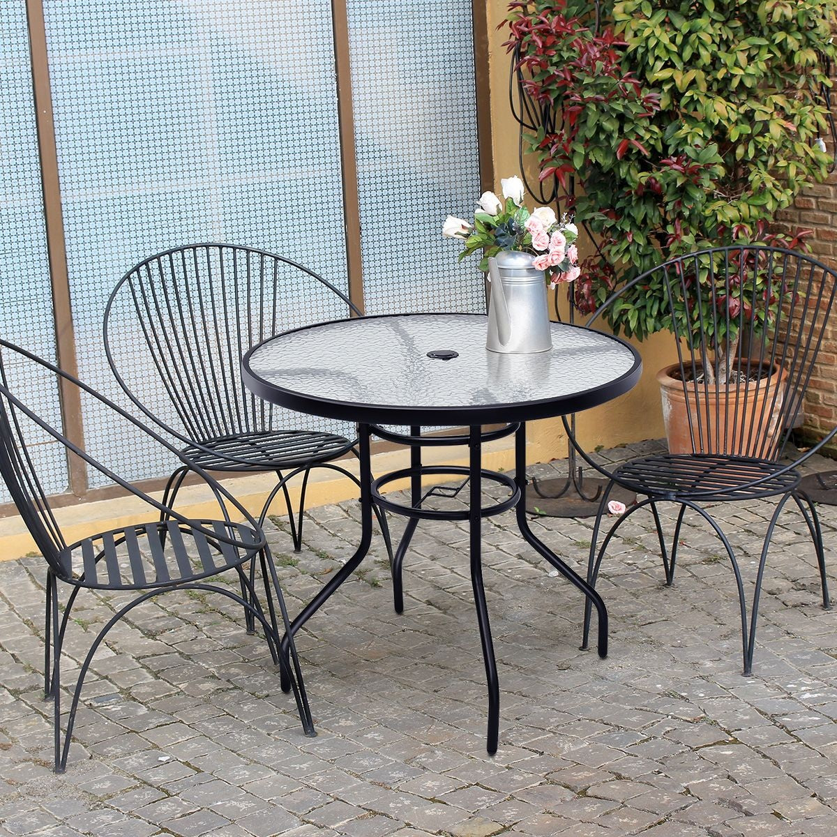Coast Table de bistro / Table de terrasse - Ø 81 cm, Avec parapluie, Résistant aux intempéries, Charge admissible 80 kg - Verre trempé/Fer - Noir