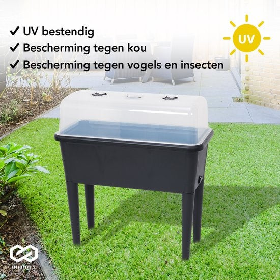 Infinity Goods Growing Table On Legs XXL - Jardinière - Rectangulaire - 76 x 37 x 85 cm - 70L - Extérieur Intérieur - Couvercle - Noir