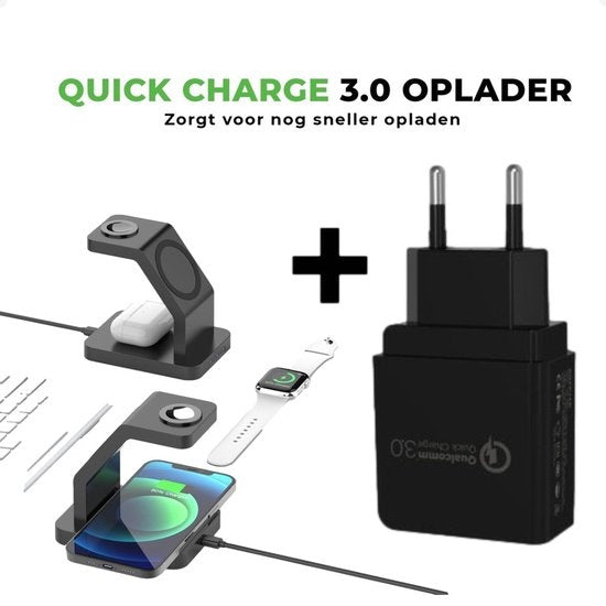 iSETCHI - Chargeur sans fil Qi et Magsafe 3-en-1 - 15 Watt - Plastique noir - Adaptateur QC 3.0 inclus - Pour iPhone, Apple Watch et Airpods - Lieu de travail organisé