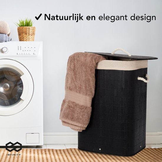 Infinity Goods Panier à linge avec couvercle noir - Bambou - Trieur de linge - Sac à linge en coton lavable - Poignées - 72 litres - Noir