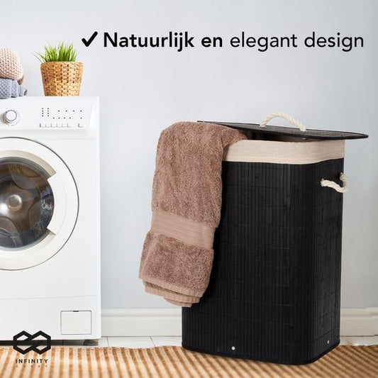 Infinity Goods Panier à linge avec couvercle noir - Bambou - Trieur de linge - Sac à linge en coton lavable - Poignées - 72 litres - Noir