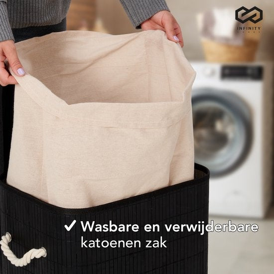 Infinity Goods Panier à linge avec couvercle noir - Bambou - Trieur de linge - Sac à linge en coton lavable - Poignées - 72 litres - Noir