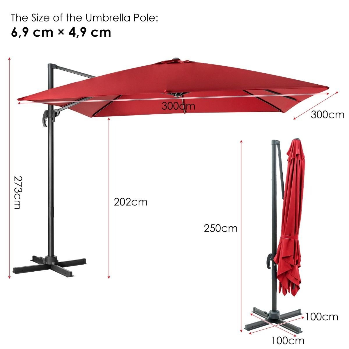 Parasol flottant Coast - Inclinable - 300 x 300 x 273 cm - Rouge vin