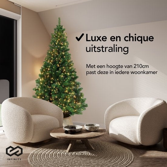 Infinity Goods Artificial Christmas Tree With LED Lights - 210 cm - Arbre de Noël réaliste en plastique - Support en métal - Vert
