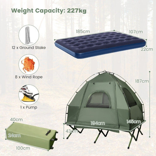 Tente de camping Coast 5-en-1 - Protection solaire et protection contre la bruine - Lit pliant pour 2 personnes inclus - 194 x 145 x 187 cm - Vert