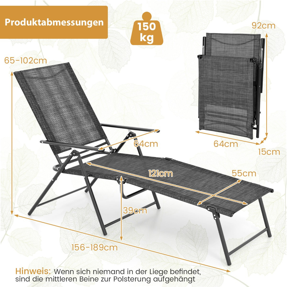Coast Lot de 2 chaises longues - Pliable - Gris - 155-189 x 64 x 65-102 cm