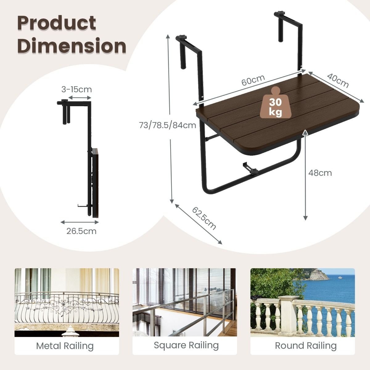 Table de balcon Coast - suspendue - Max. 30 kg - Noir / Marron - 63 x 60 x 84 cm