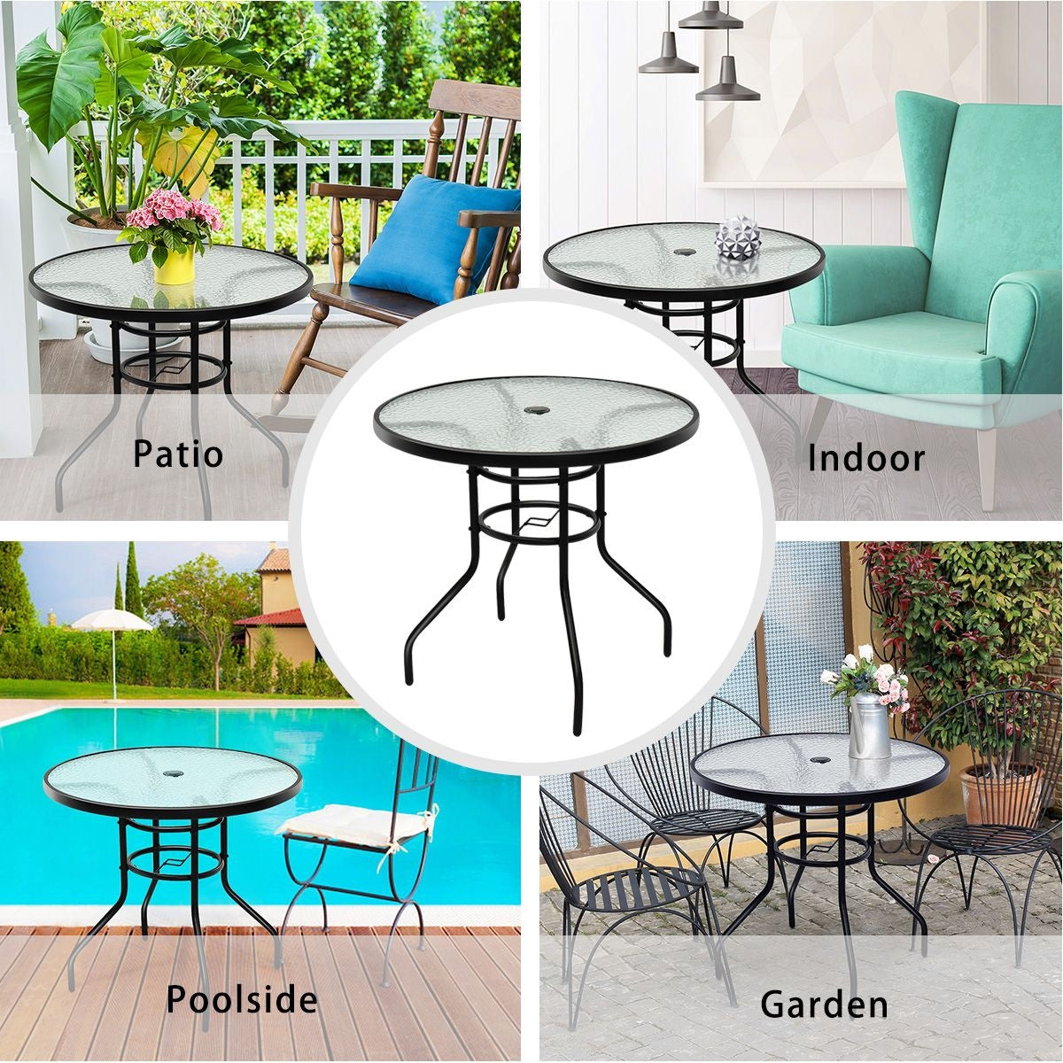 Coast Table de bistro / Table de terrasse - Ø 81 cm, Avec parapluie, Résistant aux intempéries, Charge admissible 80 kg - Verre trempé/Fer - Noir
