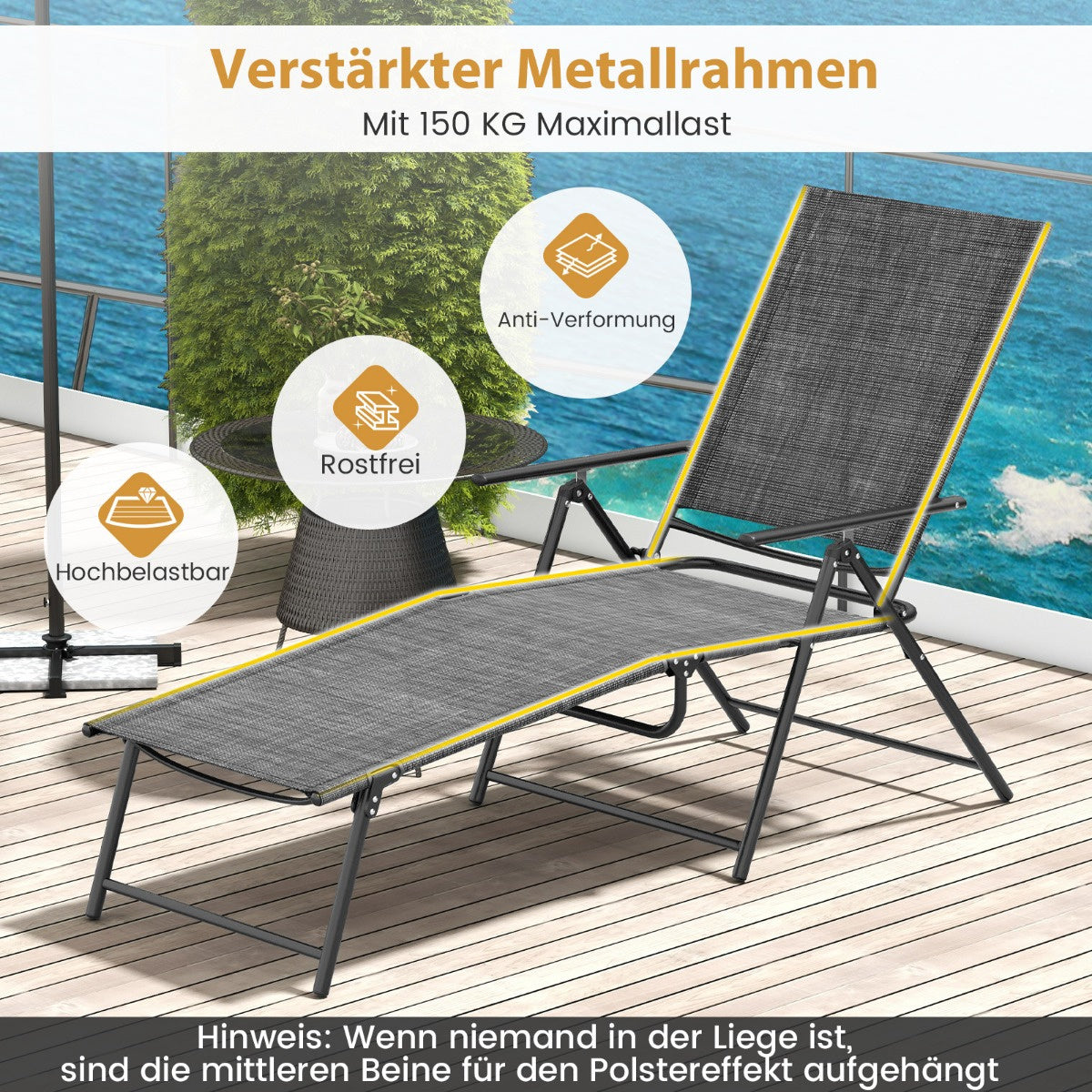 Coast Lot de 2 chaises longues - Pliable - Gris - 155-189 x 64 x 65-102 cm