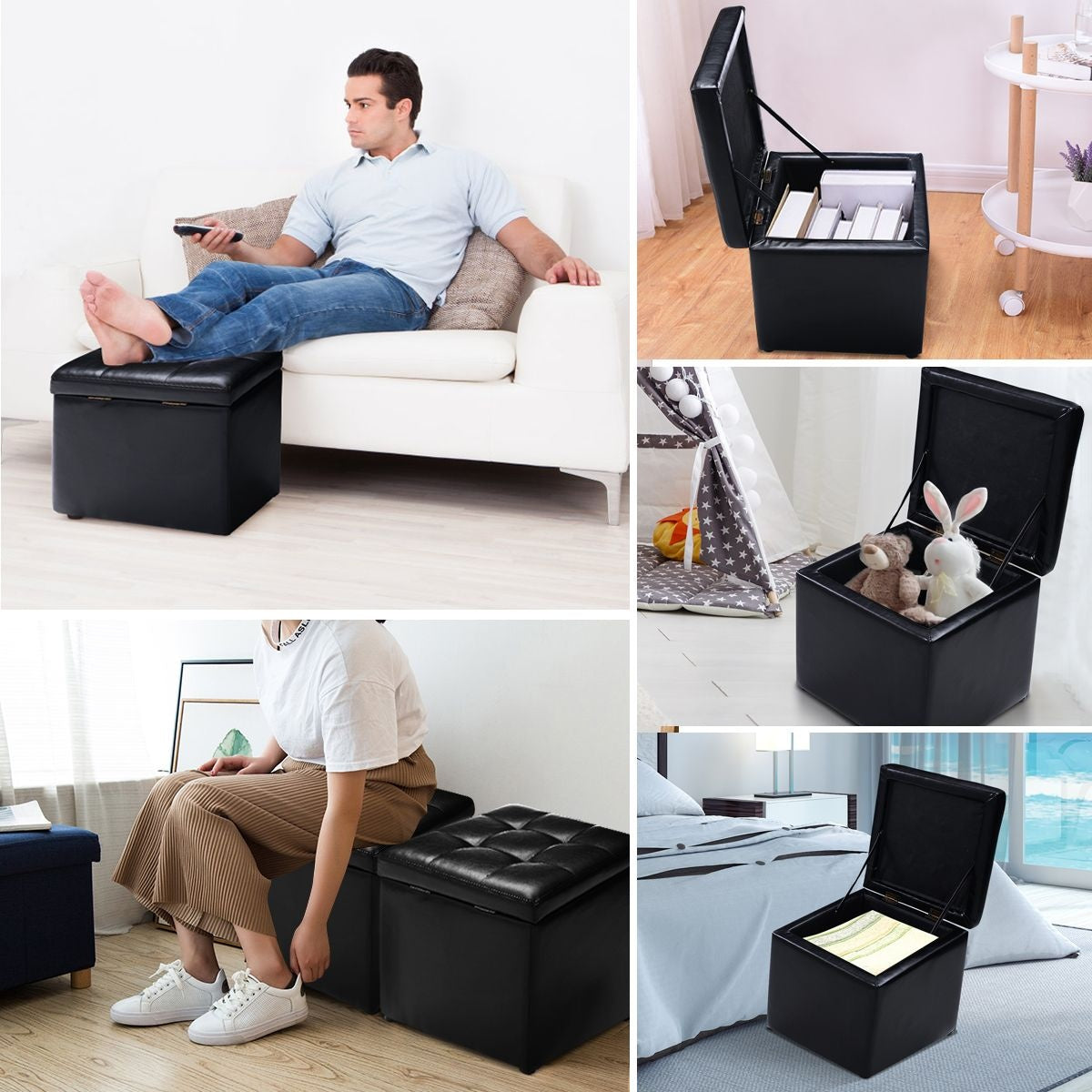 Pouf Coast avec rangement - Max. 150 kg - Cuir synthétique - 40 x 40 x 40 cm - Noir