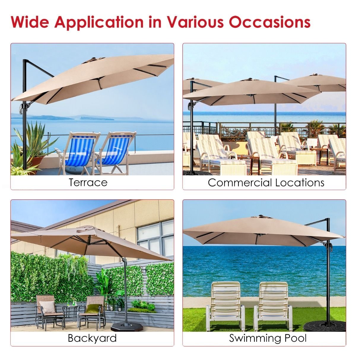 Parasol flottant Coast - inclinable - 300 x 300 x 273 cm - marron café