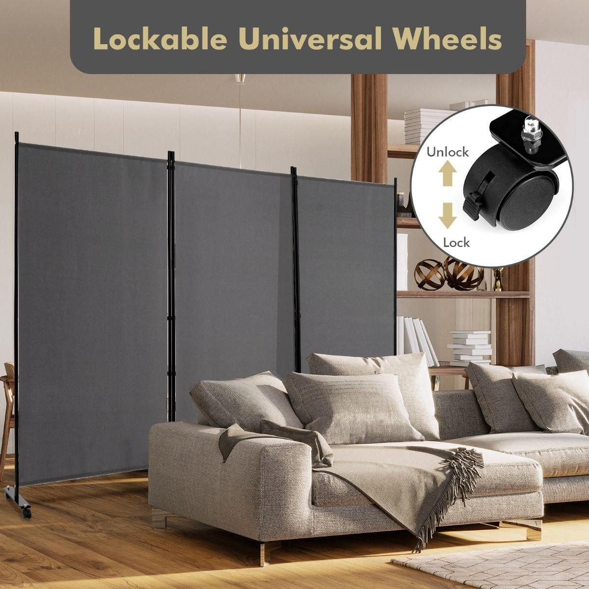 Coast 3-Panel Partition - 262 x 30 x 180 cm - Gris - Polyester/Métal