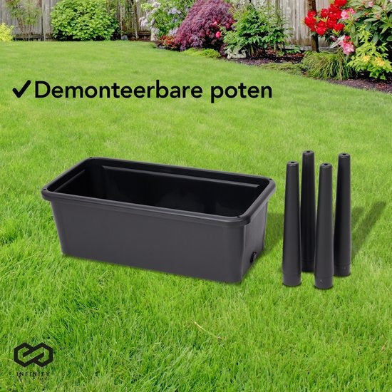 Infinity Goods Growing Table On Legs XXL - Jardinière - Rectangulaire - 76 x 37 x 85 cm - 70L - Extérieur Intérieur - Couvercle - Noir