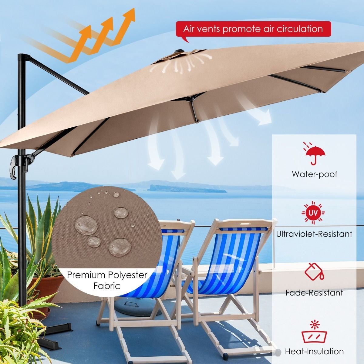 Parasol flottant Coast - inclinable - 300 x 300 x 273 cm - marron café