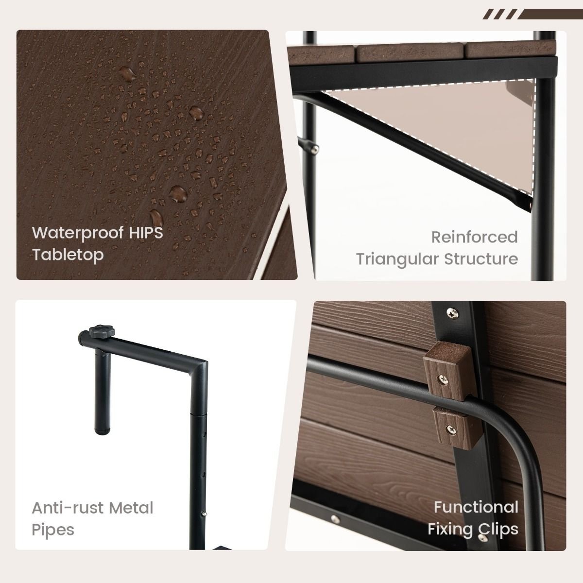 Table de balcon Coast - suspendue - Max. 30 kg - Noir / Marron - 63 x 60 x 84 cm