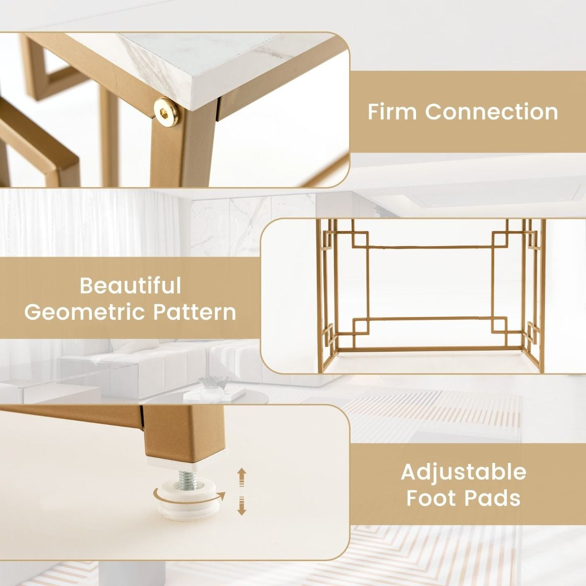 Table d'appoint Coast - Plateau blanc avec imitation de marbre - Cadre doré - 110 x 30 x 81 cm - MDF/Métal