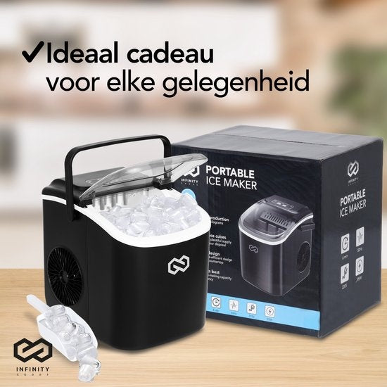 Infinity Goods Machine à glaçons - 1.3L - Avec pelle à glace - Fonction auto-nettoyante - 12KG / 24U - 9 Cubes / 6 Min - Noir