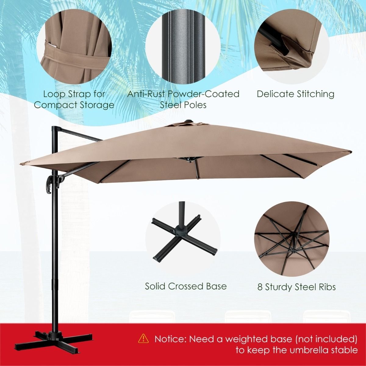 Parasol flottant Coast - inclinable - 300 x 300 x 273 cm - marron café