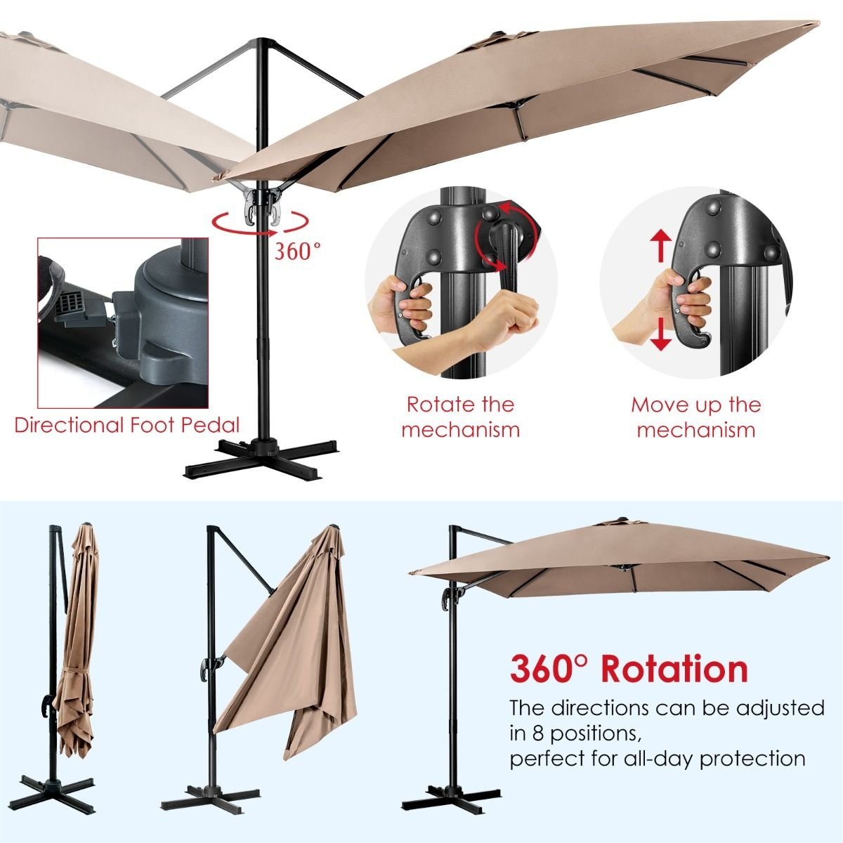 Parasol flottant Coast - inclinable - 300 x 300 x 273 cm - marron café